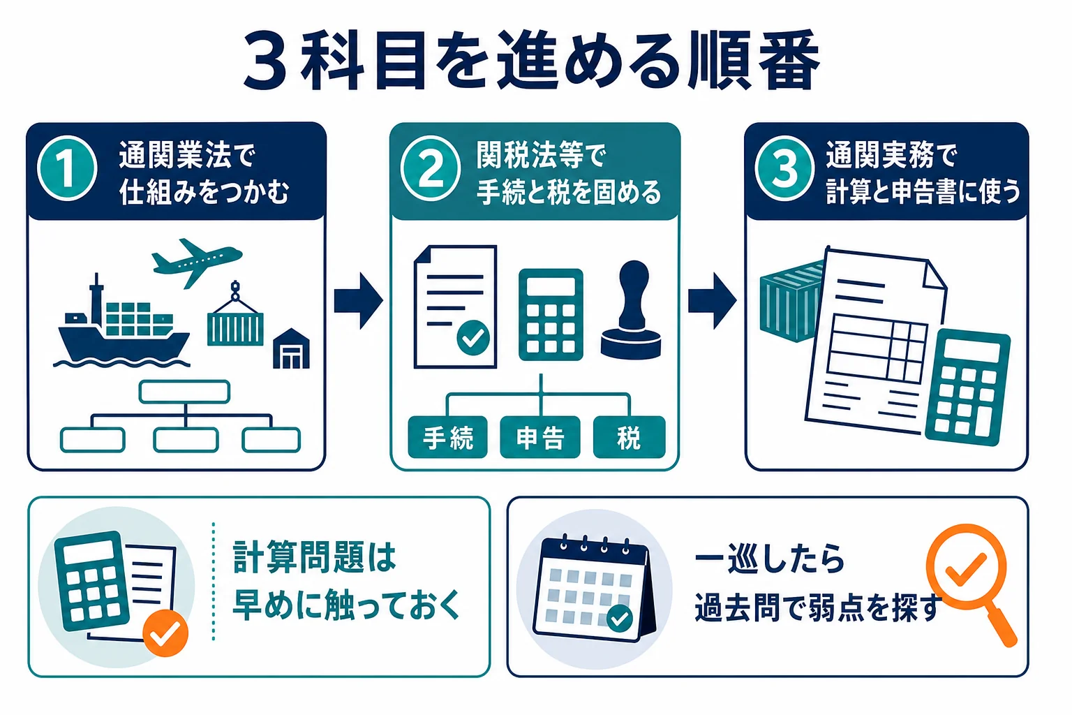 通関業法から関税法等、通関実務へと3科目を進める順番と、それぞれの役割を示した図解