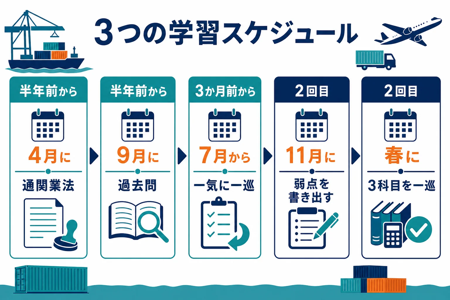 半年前から・3か月前から・2回目の受験の3つのパターンで、月ごとにやることを並べた学習スケジュールの図解