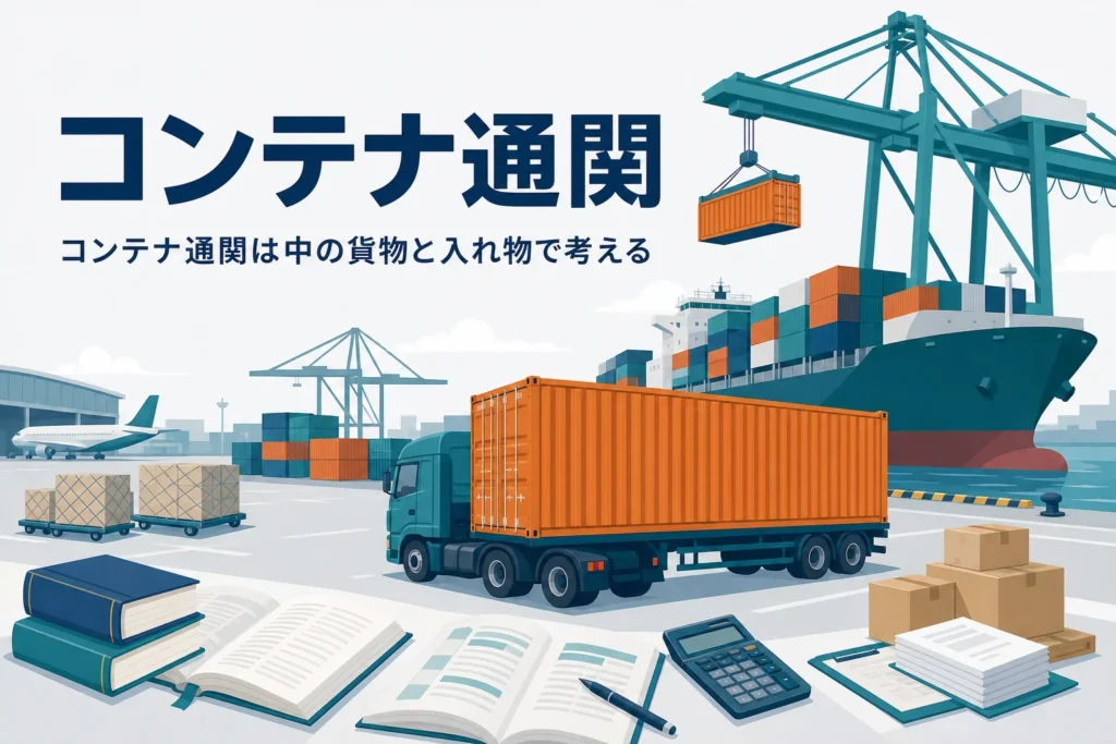 コンテナ通関の流れと、中の貨物とコンテナ自体の扱いの違いを扱う記事のアイキャッチ