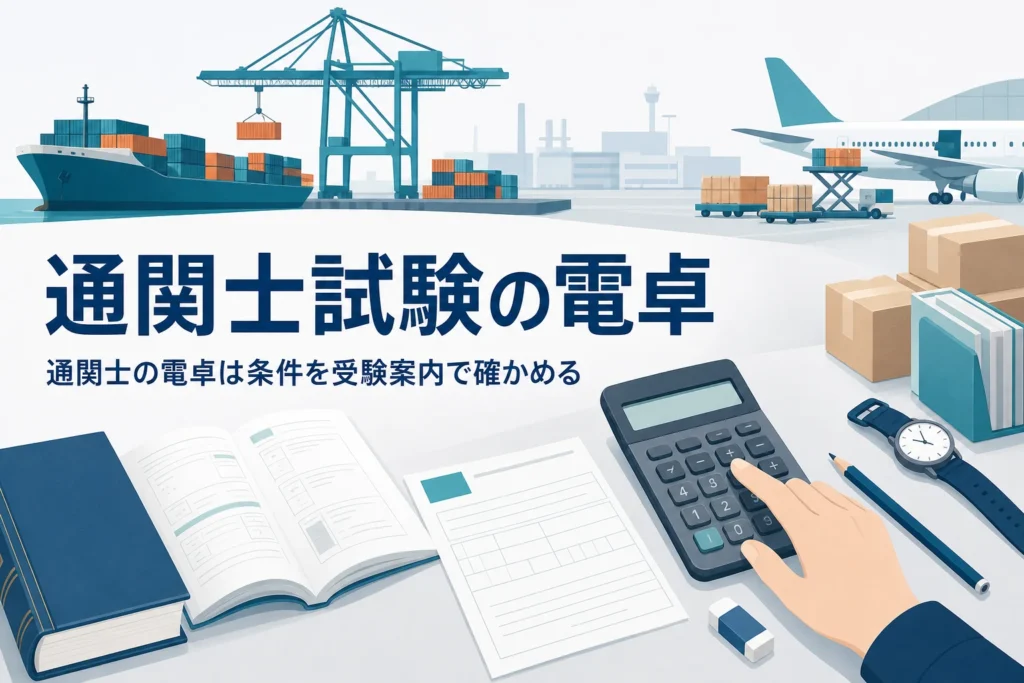 通関士試験で使える電卓の条件と、当日の持ち物を扱う記事のアイキャッチ