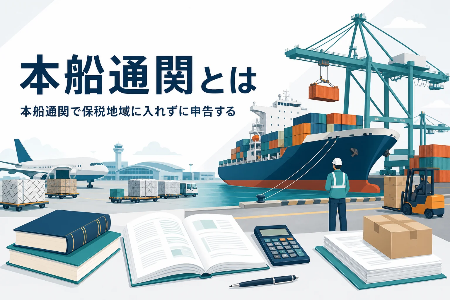 本船通関(本船扱い)で保税地域に入れずに申告する方法を扱う記事のアイキャッチ