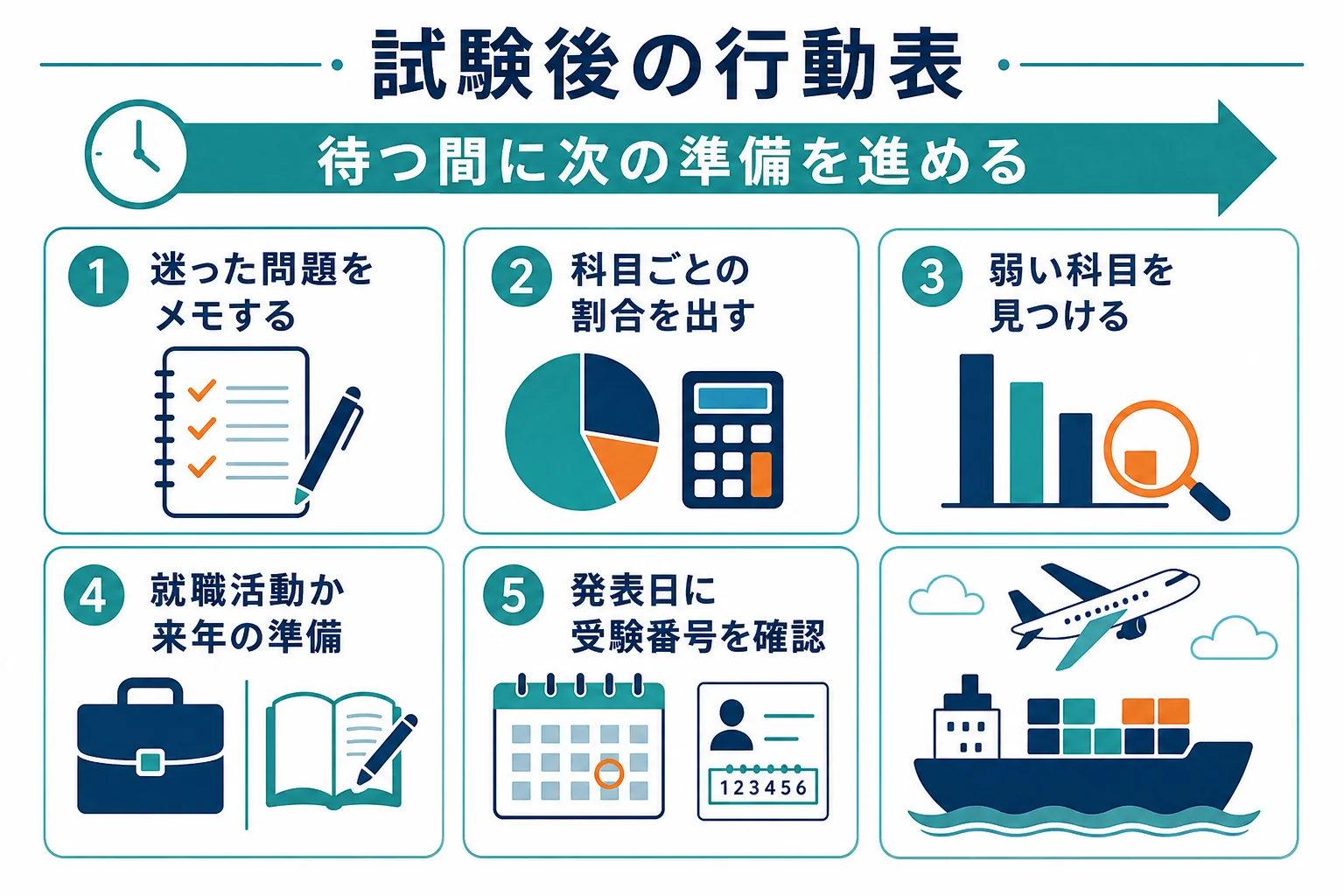 試験翌日から合格発表までを、正答の確認・科目別の得点・次の行動の3段階に分けた行動表の図解