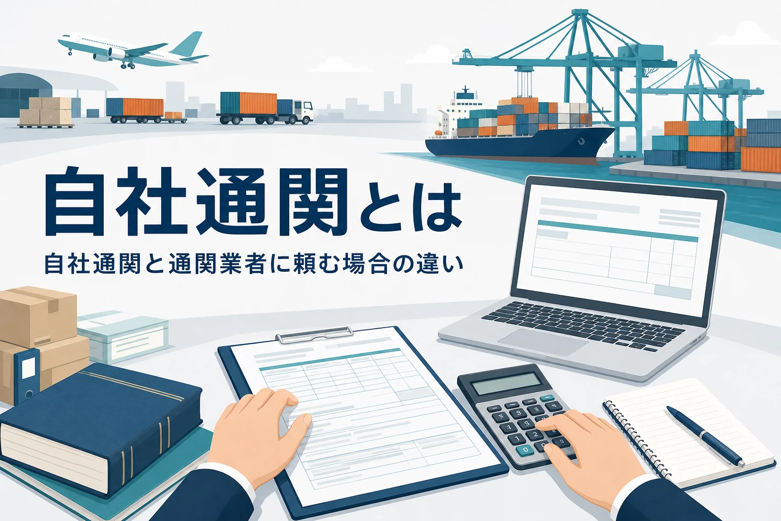 自社通関とは何かと通関業者に頼む場合との違いを解説する記事のアイキャッチ