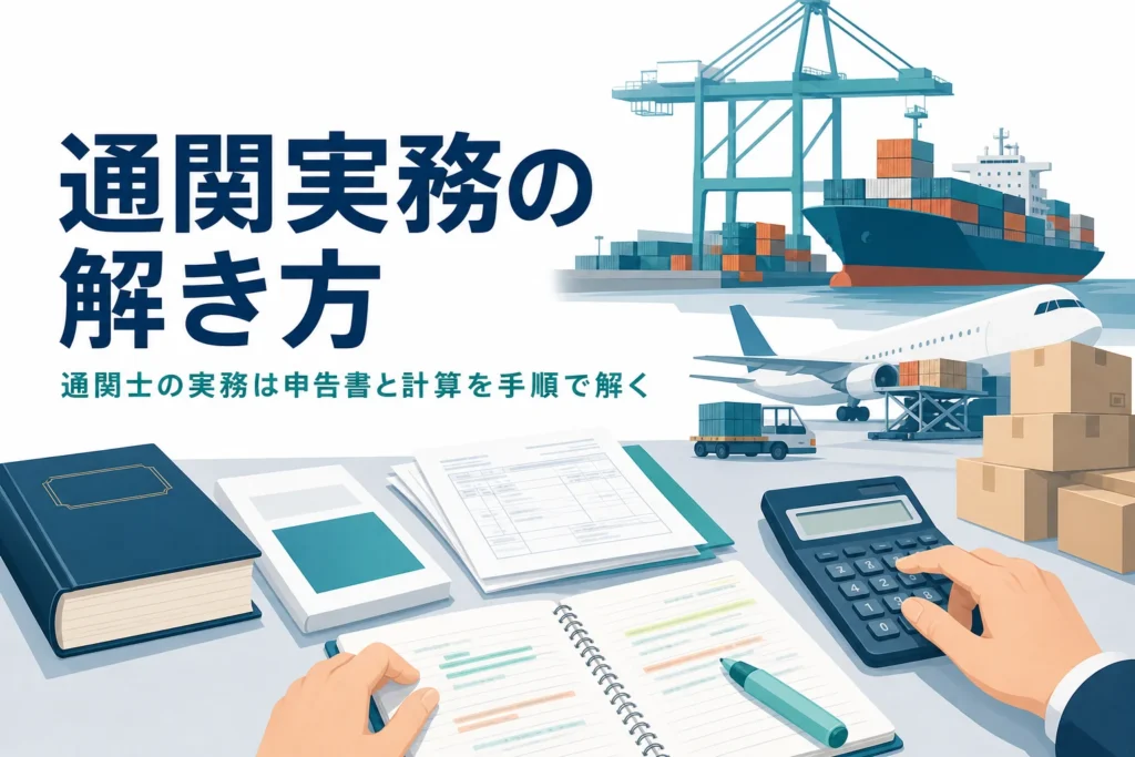 通関士試験の通関実務で、申告書問題と計算問題の解き方を扱う記事のアイキャッチ