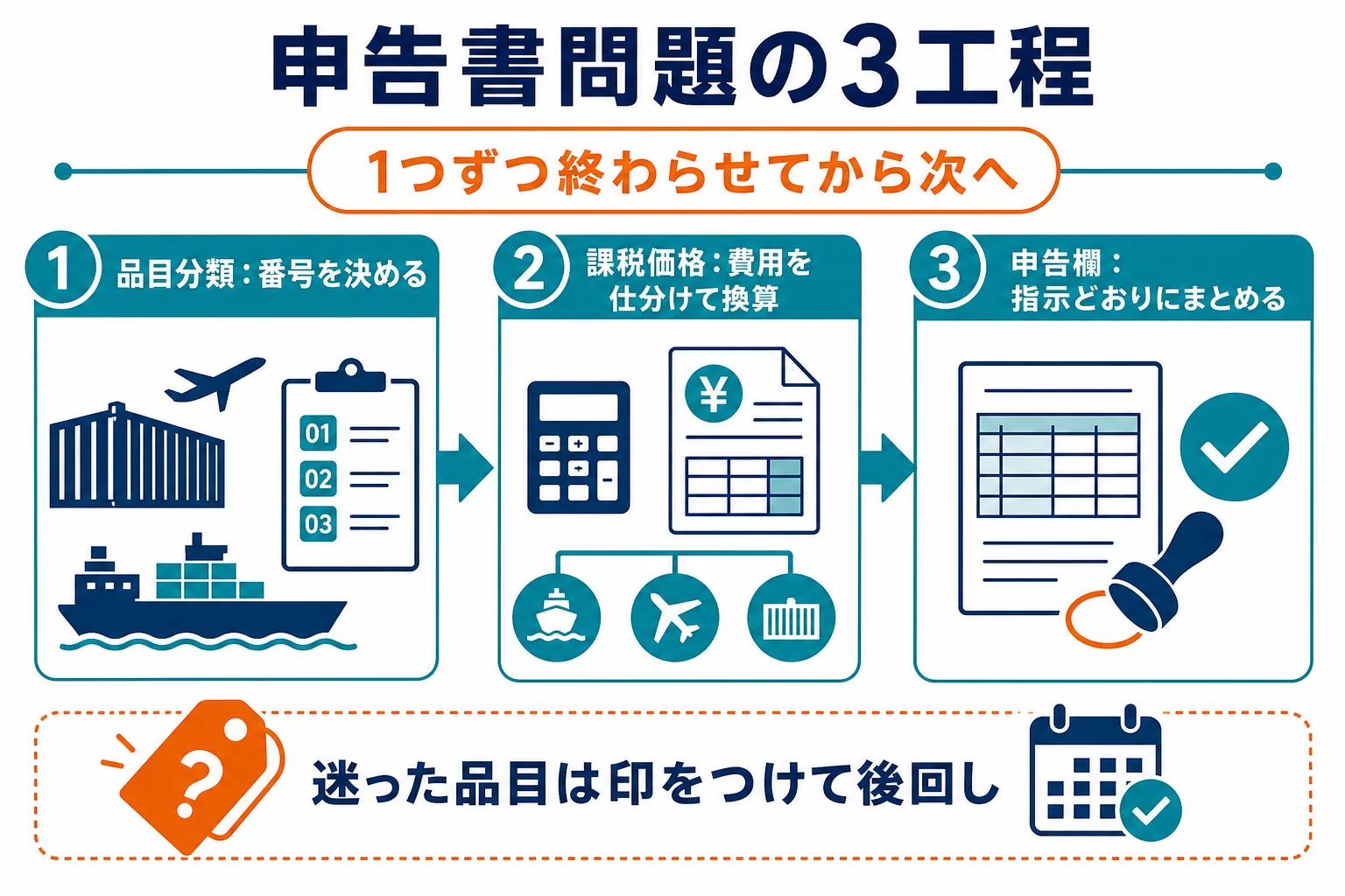申告書問題を品目分類・課税価格の計算・申告欄の記入の3工程に分けた解き方の図解