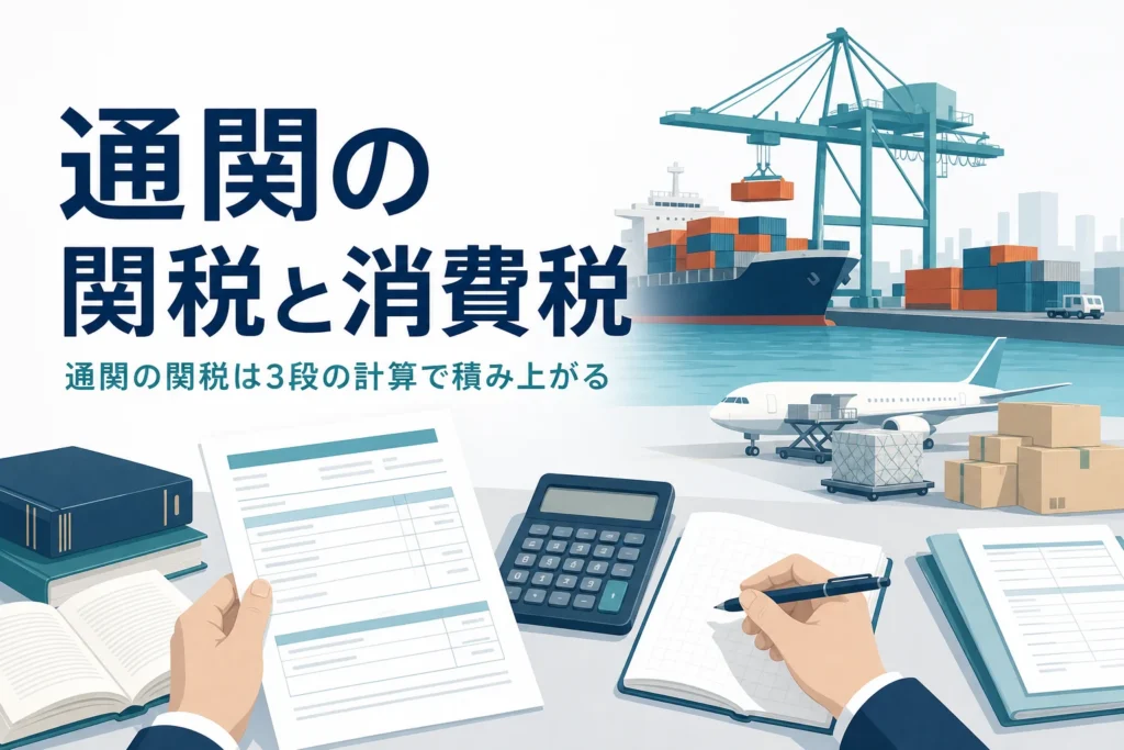 通関でかかる関税と消費税の計算を解説する記事のアイキャッチ。書類と電卓の手元