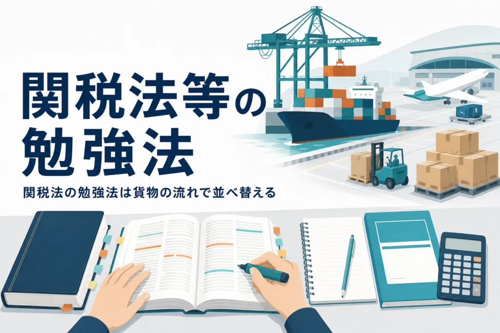関税法の勉強法と、範囲の広い関税法等を絞り込む順番を扱う記事のアイキャッチ
