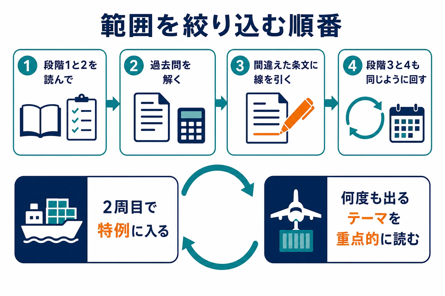 関税法等の範囲を、過去問を手がかりに段階ごとに絞り込んでいく順番を示した図解
