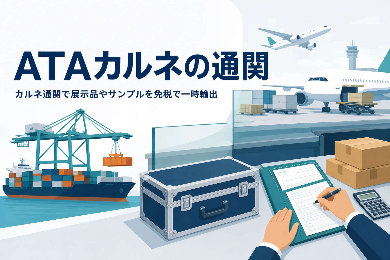 ATAカルネの通関で展示品やサンプルを一時輸出入する方法を扱う記事のアイキャッチ