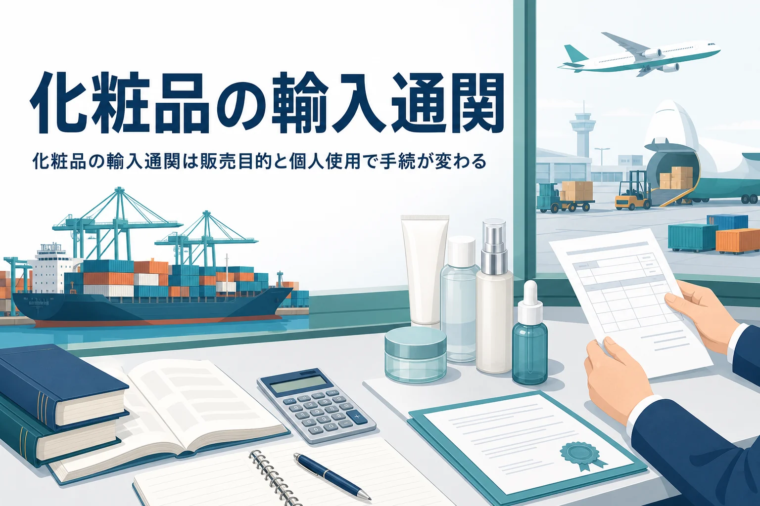 化粧品の輸入通関で販売目的と個人使用の手続の違いを扱う記事のアイキャッチ