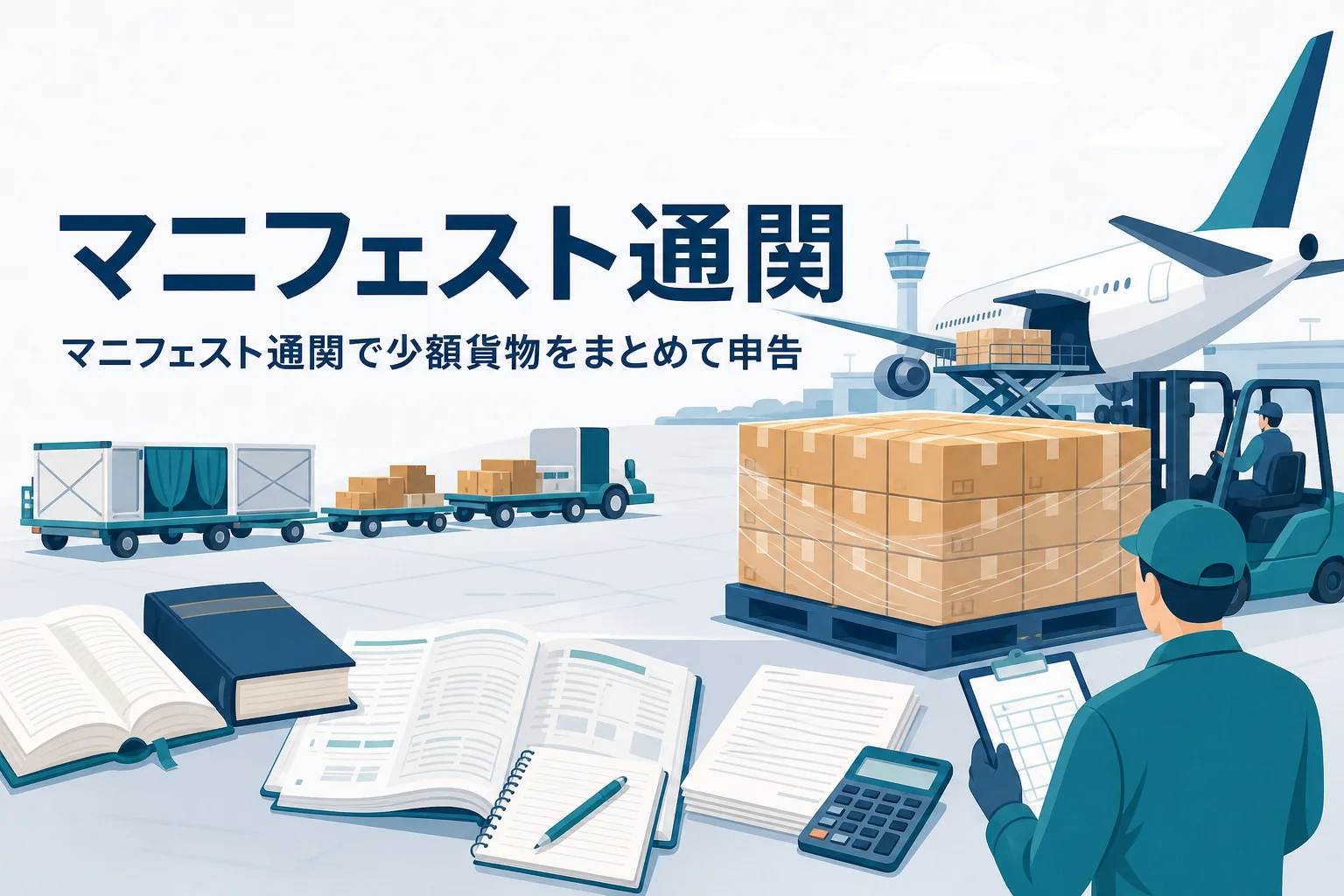 マニフェスト通関で少額貨物をまとめて申告する仕組みを扱う記事のアイキャッチ