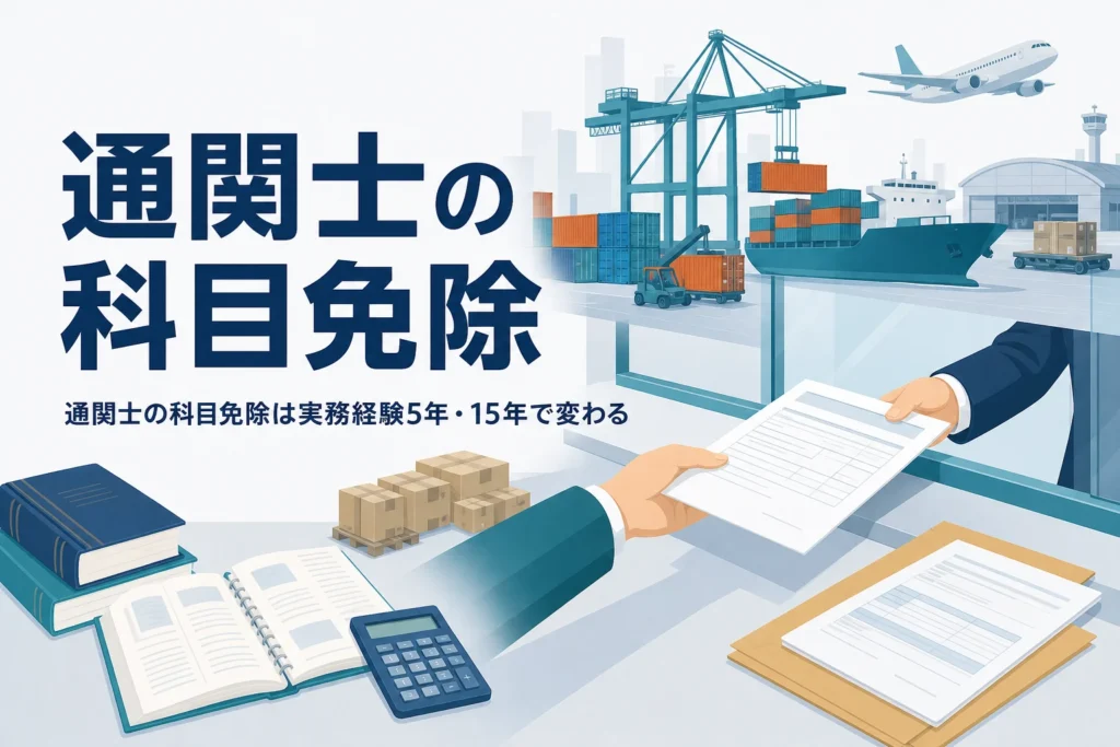 通関士試験の科目免除と、実務経験5年・15年で免除される科目を扱う記事のアイキャッチ