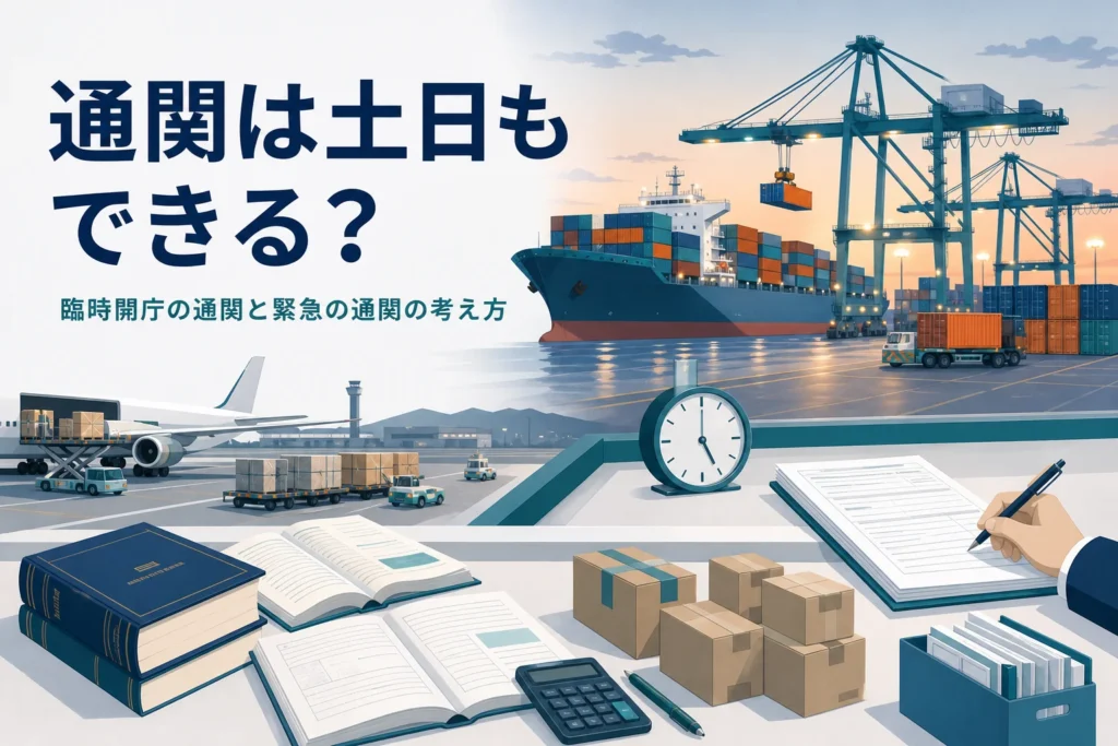 臨時開庁の通関と土日や夜の緊急の通関の考え方を扱う記事のアイキャッチ