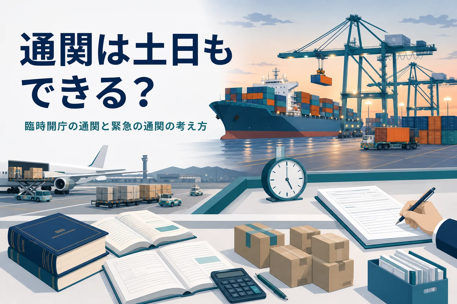 臨時開庁の通関と土日や夜の緊急の通関の考え方を扱う記事のアイキャッチ