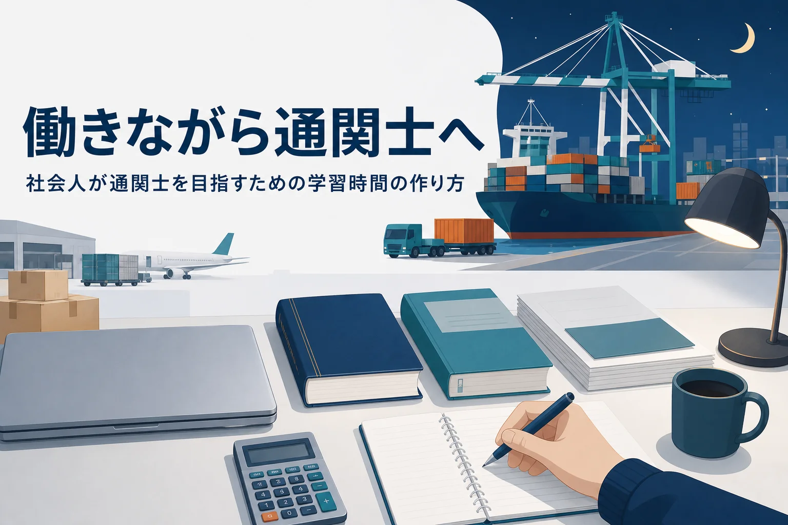 社会人が働きながら通関士を目指すための学習時間の作り方を扱う記事のアイキャッチ