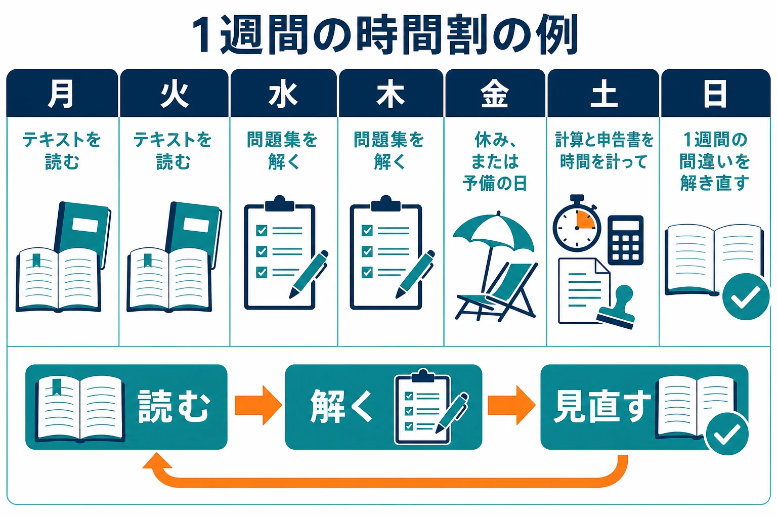 平日と休日の時間を、読む・解く・見直すの3つに割り振った1週間の時間割の図解