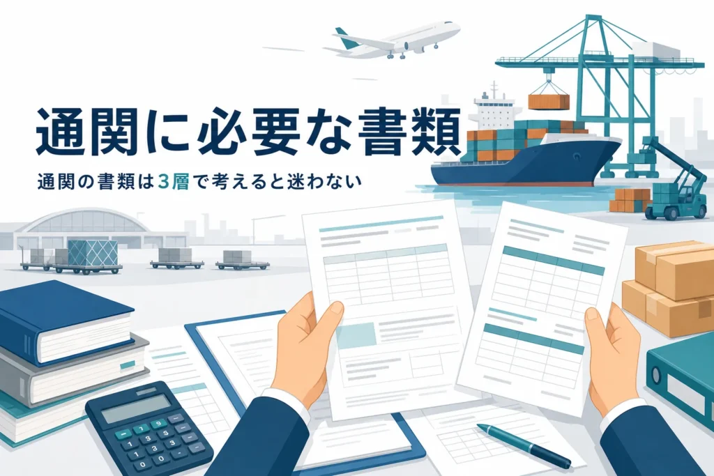 通関に必要な書類を解説する記事のアイキャッチ。机に広げた輸入書類と電卓