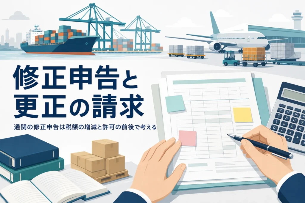 輸入申告を間違えた時の修正申告と更正の請求の違いを扱う記事のアイキャッチ
