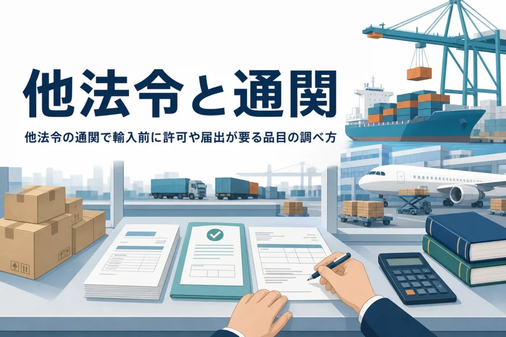 他法令の通関で輸入前に許可や届出が要る品目の調べ方を扱う記事のアイキャッチ