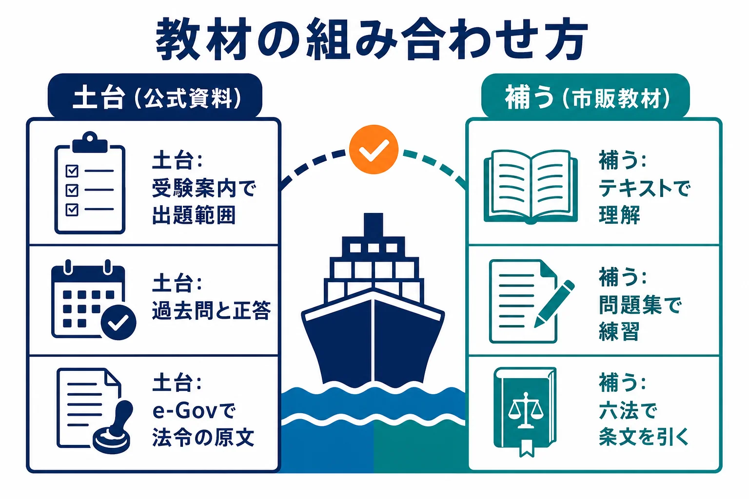 受験案内・過去問・正答・法令の原文を土台にし、テキスト・問題集・六法で足りない部分を補う教材の組み合わせを示した図解