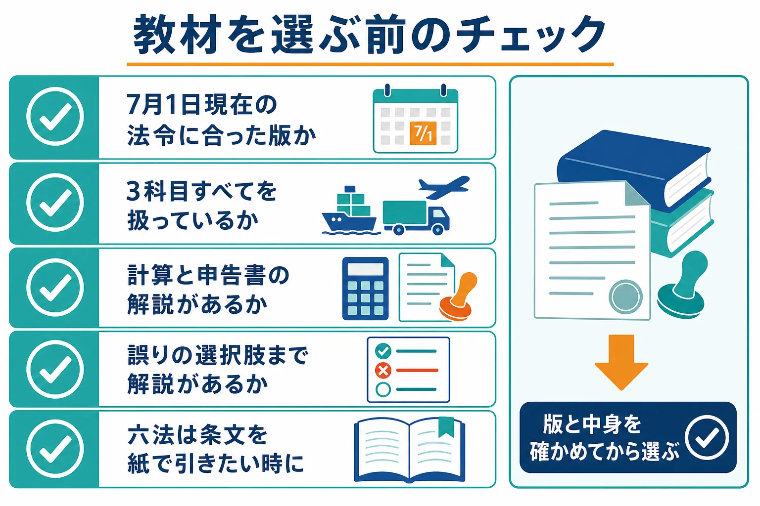 通関士の教材を選ぶ前に確かめる、版・3科目・計算問題の解説・六法の必要性のチェックリストの図解