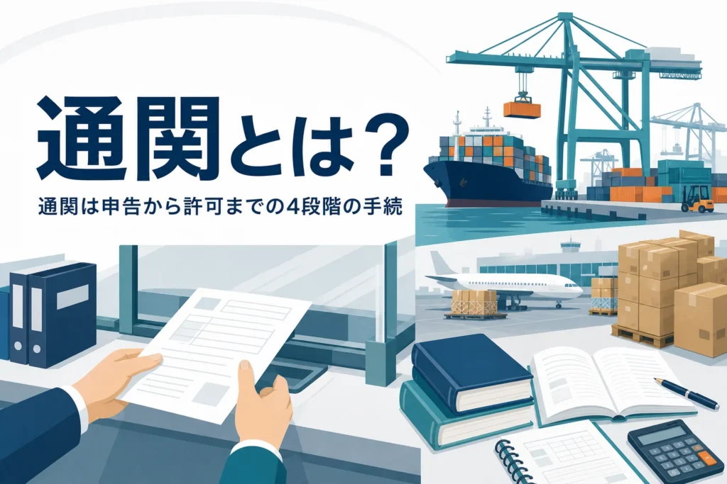 通関とは何かを解説する記事のアイキャッチ。港のコンテナヤードと税関の窓口