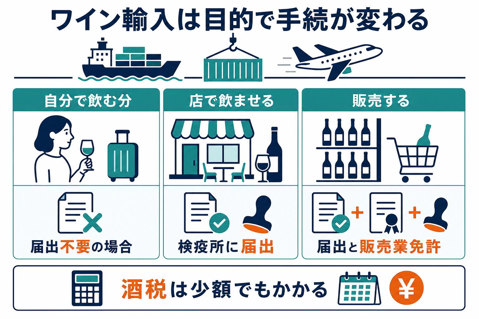 ワインの輸入を自分で飲む分・店で飲ませる分・販売する分に分け、届出と免許の要否を並べた図解