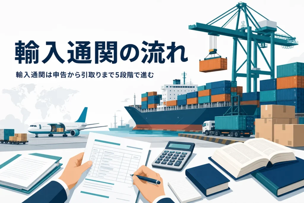 輸入通関の流れを解説する記事のアイキャッチ。港のコンテナヤードと書類を確認する手元