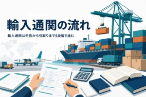 輸入通関の流れを解説する記事のアイキャッチ。港のコンテナヤードと書類を確認する手元