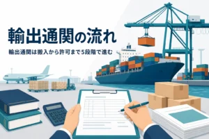 輸出通関の流れを解説する記事のアイキャッチ。貨物船への積込みと書類を確認する手元
