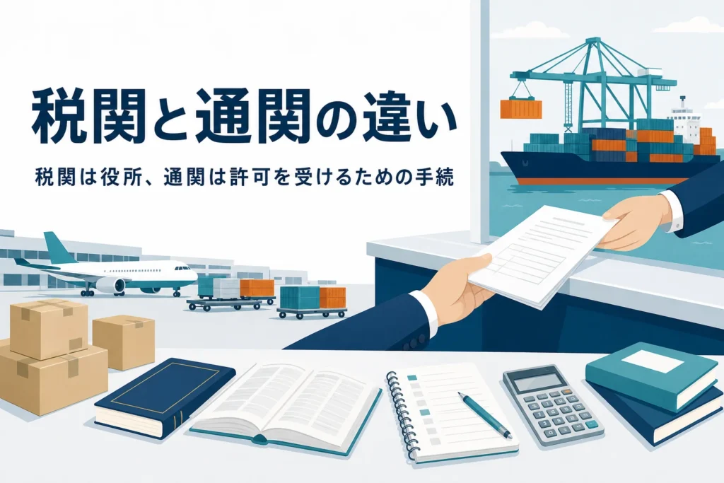 税関と通関の違いを解説する記事のアイキャッチ。税関の窓口と港のコンテナヤード